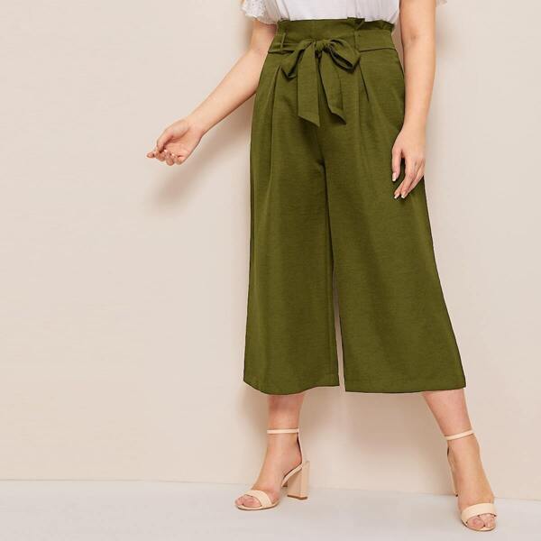 

Plus Solid Paperbag Waist Belted Wide Leg Pants, Army green