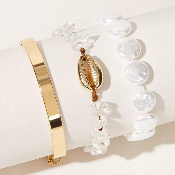 

Shell & Faux Pearl Decor Bracelet 3pcs