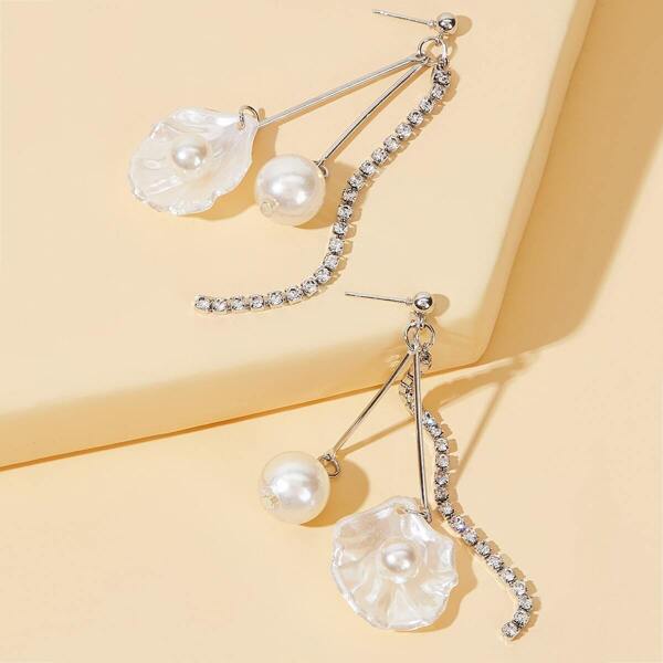 

Shell & Faux Pearl Rhinestone Long Strip Drop Earrings 1pair