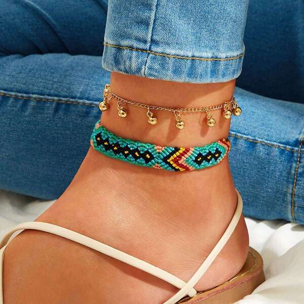 

Bead Charm & Tribal Braided Anklet 2pcs