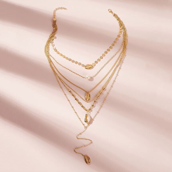 

Shell & Faux Pearl Charm Layered Lariat Necklace 1pc