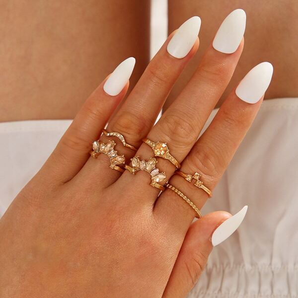 

Rhinestone Engraved Flower Decor Ring 6pcs