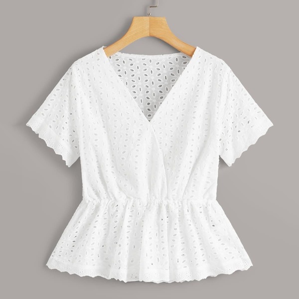 

Eyelet Embroidery Ruffle Hem Blouse