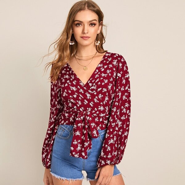 

Ditsy Floral Surplice V-neck Belted Blouse