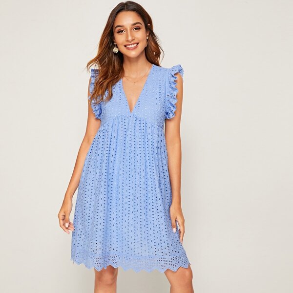 

Eyelet Embroidery Ruffle Trim Smock Dress, Blue