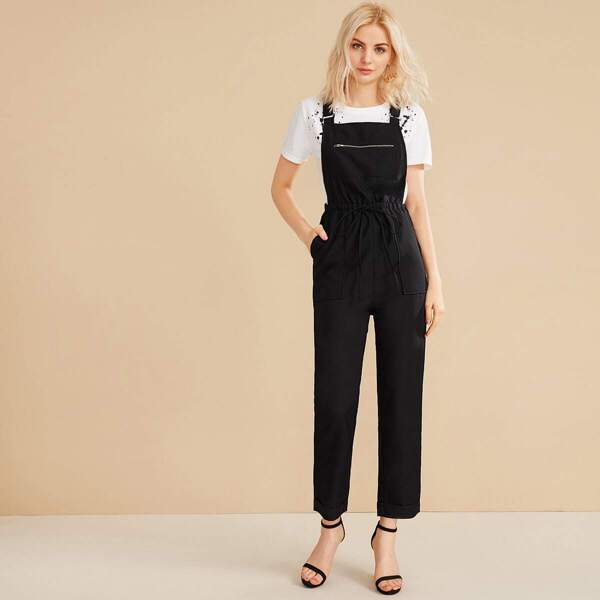 

Zipper Front Drawstring Waist Solid Overalls