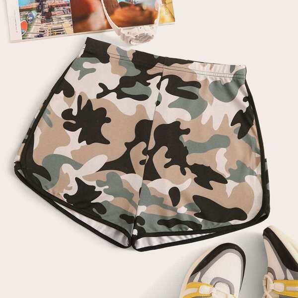 

Camo Pattern Dolphin Track Shorts, Multicolor
