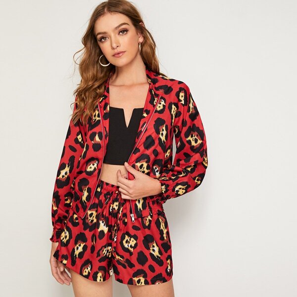 

Leopard Print Shirred Bomber Jacket With Shorts
