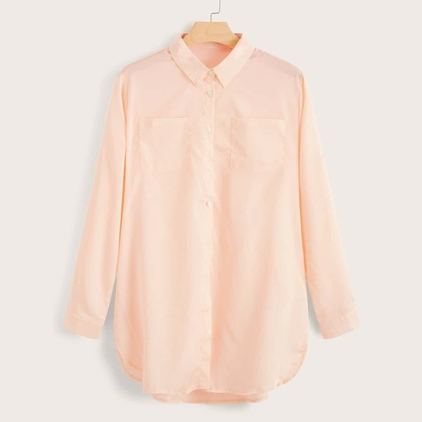 

Plus Curved Hem Button Front Blouse, Pink