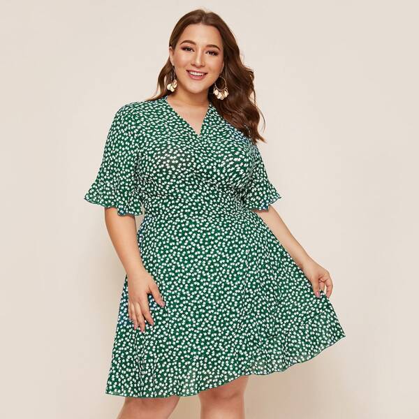 

Plus Flounce Sleeve Allover Floral Dress, Green