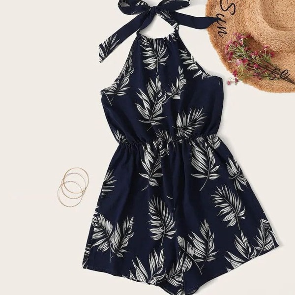 

Plus Leaf Print Halter Neck Romper