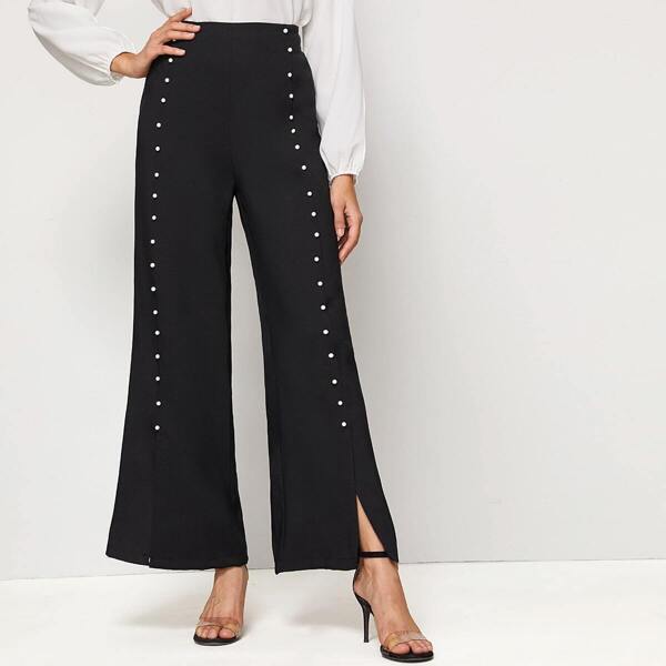 

Faux Pearl Detail Wide Leg Pants, Black