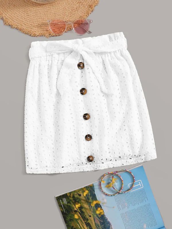 

Plus Button Through Tie Waist Eyelet Embroidery Skirt, White
