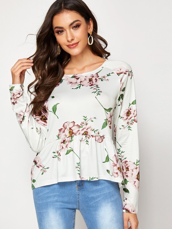 

Floral Ruffle Hem Tee, Multicolor, Carol A
