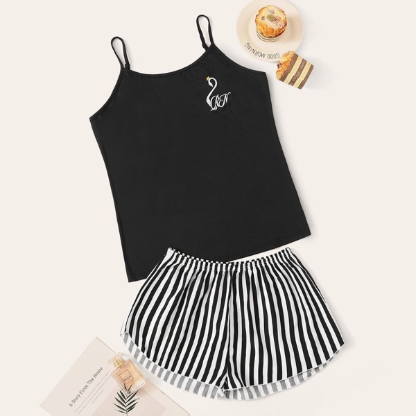 

Swan Embroidered Cami & Striped Shorts PJ Set