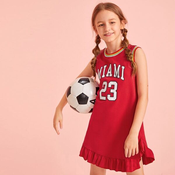 

Girls Letter Print Ruffle Hem Striped Ringer Tank Dress