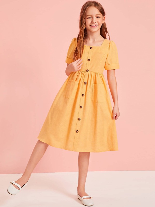 

Girls Button Front Roll Up Sleeve Dress, Yellow, Sashab