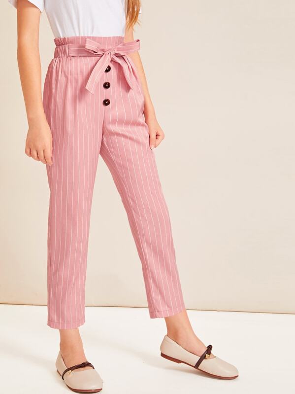 

Girls Striped Paperbag Waist Button Front Pants, Pink, Sashab