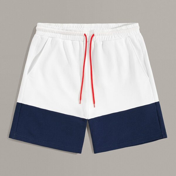 

Men Drawstring Waist Pocket Patched Back Two Tone Shorts, White