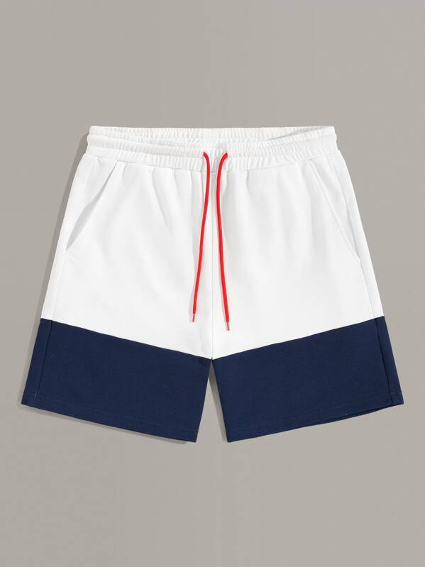 

Men Drawstring Waist Pocket Patched Back Two Tone Shorts, White