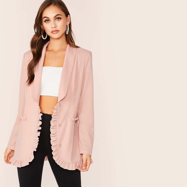 

Shawl Collar Frill Trim Button Front Blazer, Pink pastel