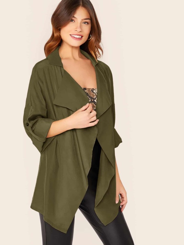 

Waterfall Collar Rolled Up Sleeve Solid Coat, Army green, Carmen S