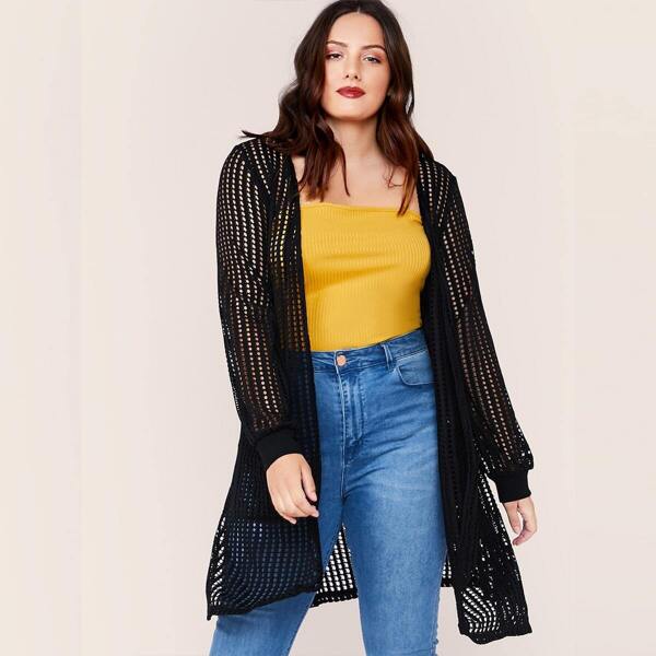 

Plus Open Front Mesh Overlay Split Hem Coat, Black