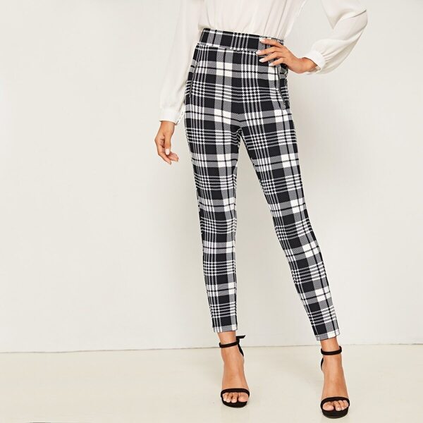 

High Waist Zip Detail Plaid Pants