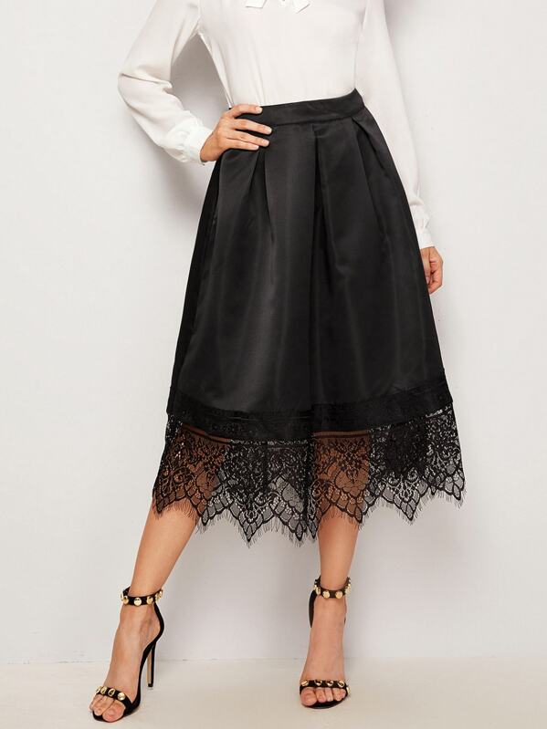 

Eyelash Lace Hem Pleated Solid Skirt, Black, Vikie