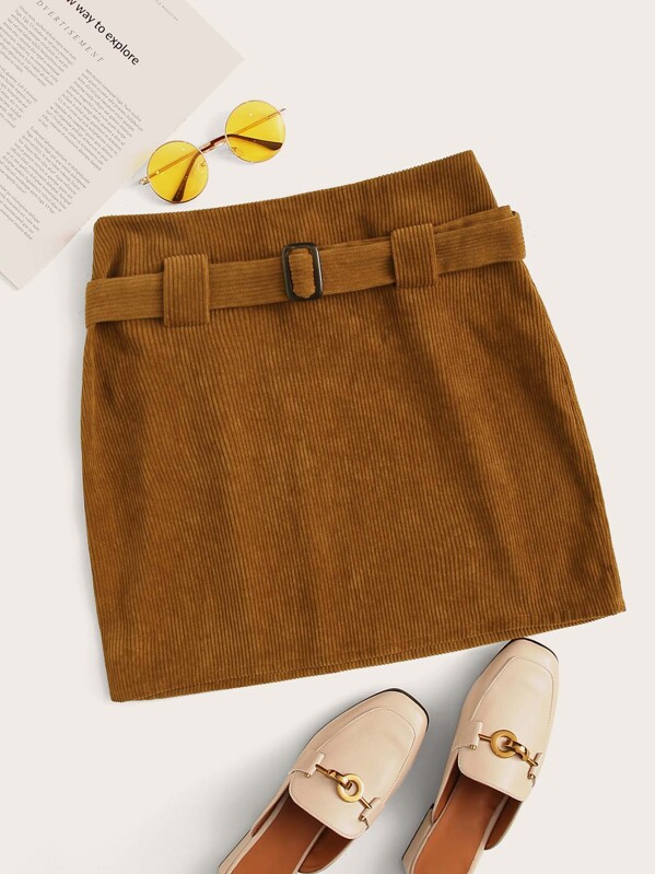 

Buckle Belted Cord Skirt, Brown, Nadja