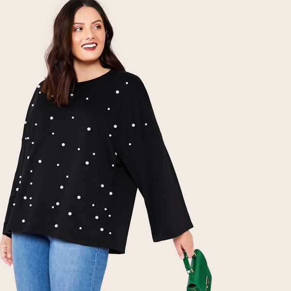 

Plus Drop Shoulder Pearls Beaded Top