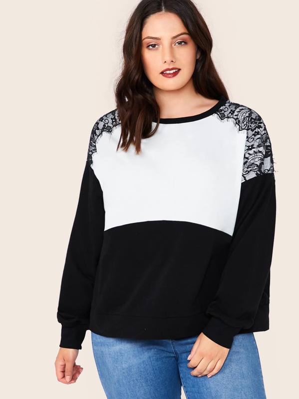 

Plus Drop Shoulder Lace Detail Two Tone Pullover, Black and white, Marcelle Pallais
