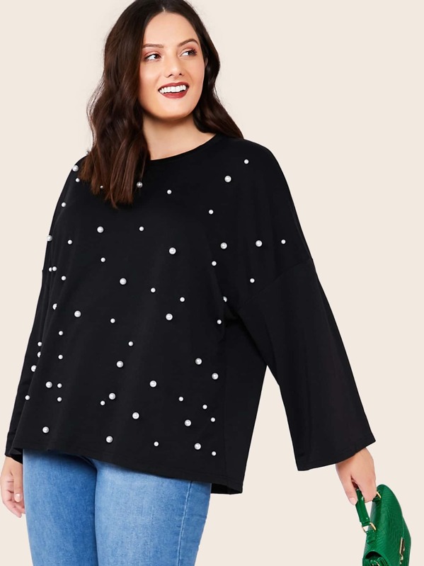 

Plus Drop Shoulder Pearls Beaded Top, Black, Marcelle Pallais