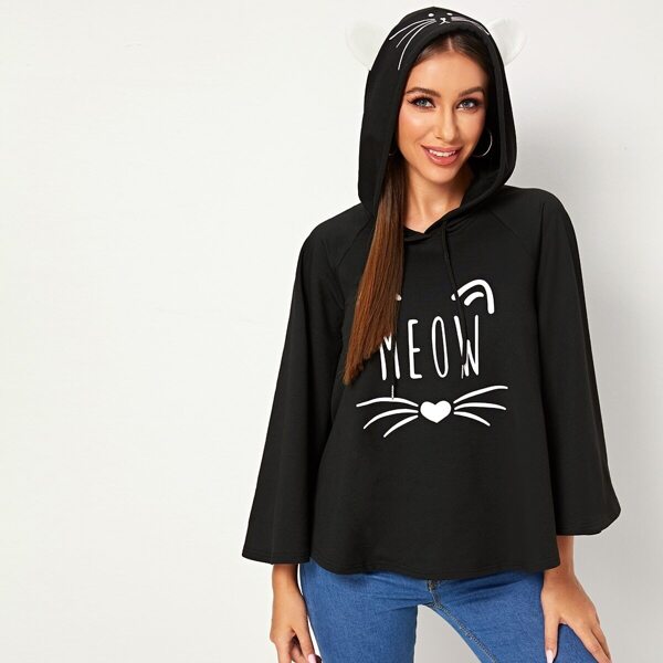 

Graphic Print Hooded Sweatshirt, Black