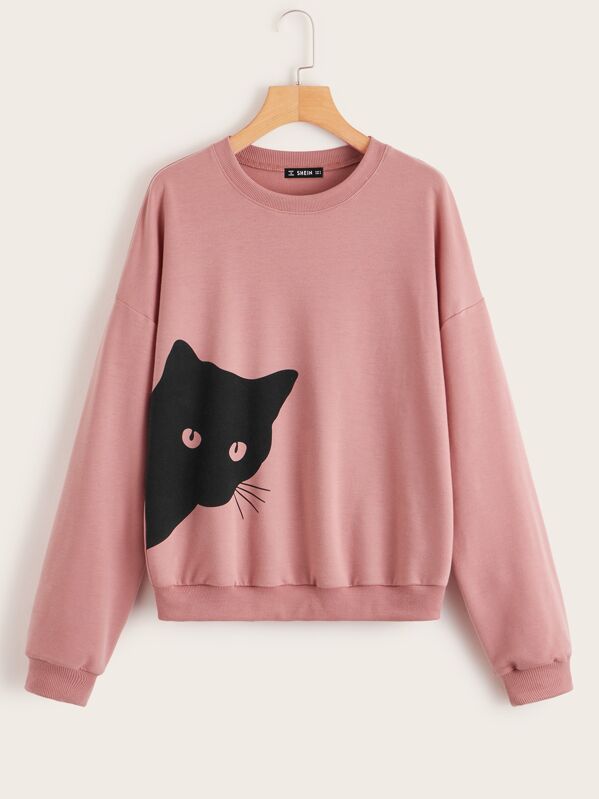

Cat Graphic Drop Shoulder Pullover, Pink