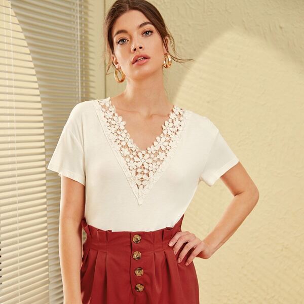 

Solid Guipure Lace Trim Top, White