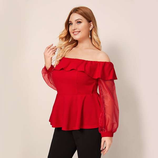 

Plus Mesh Sleeve Flounce Trim Bardot Peplum Top
