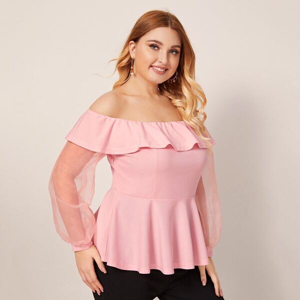 

Plus Mesh Sleeve Ruffle Trim Bardot Peplum Top, Pink pastel