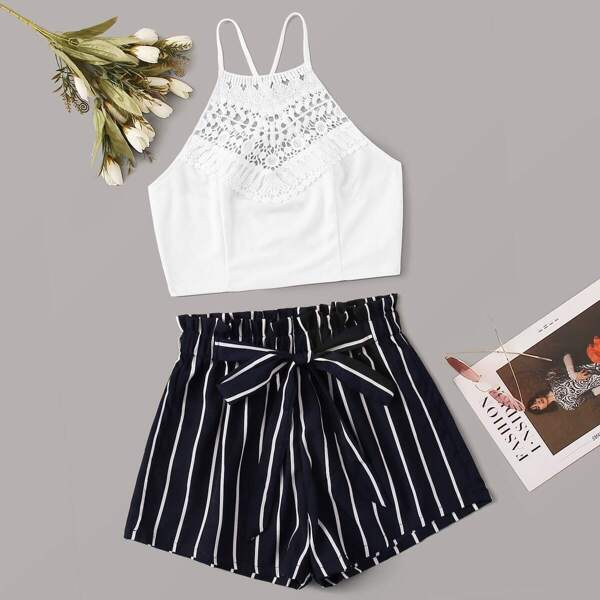 

Lace Yoke Crisscross Back Top & Paperbag Waist Shorts Set