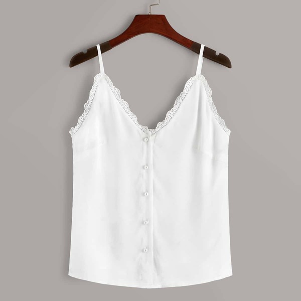 

Lace Trim Pearls Beaded Front Cami Top, White