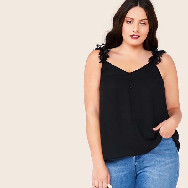 

Plus Button Front Eyelash Lace Strap Top, Black
