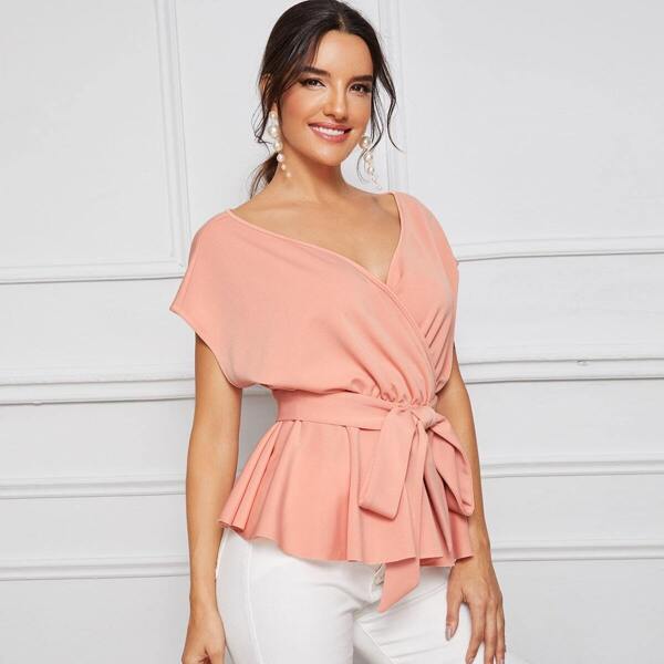 

Batwing Sleeve Self Belted Wrap Top, Pink