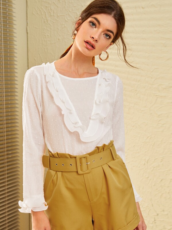 

Pleated Ruffle Trim Swiss Dot Top, White, Nadja