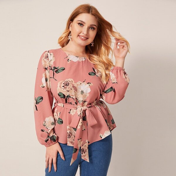 

Plus Floral Print Belted Top, Pink