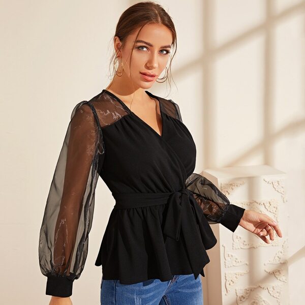 

Surplice Neck Belted Organza Peplum Top, Black