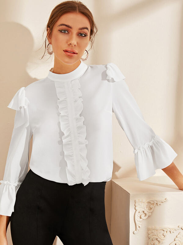 

Solid Mock-Neck Ruffle Trim Top, White, Hanna