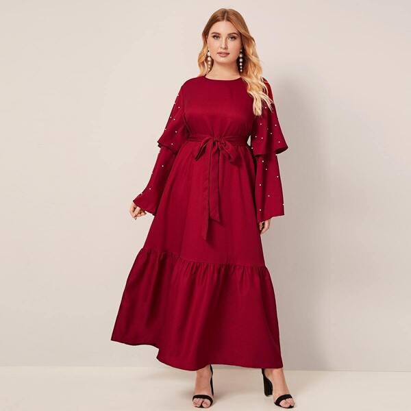 Plus Layered Bell Sleeve Pearls Beaded Belted Dress, Burgundy