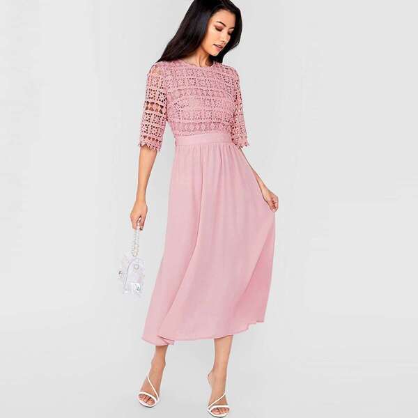 

Guipure Lace Bodice Crinkle Detail Dress