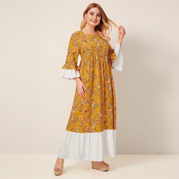 

Plus Contrast Cuff and Hem Floral Print Smock Dress, Yellow