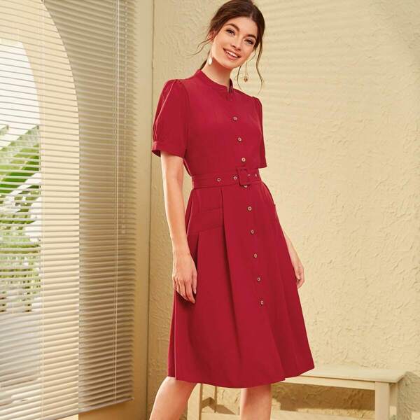 

Button Front Pocket Detail Belted Shirt Dress